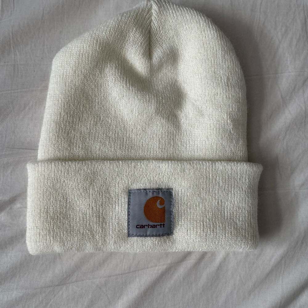Carhartt Knit Beanie Hat White Acrylic Watch Cap Logo Patch One Size Adult